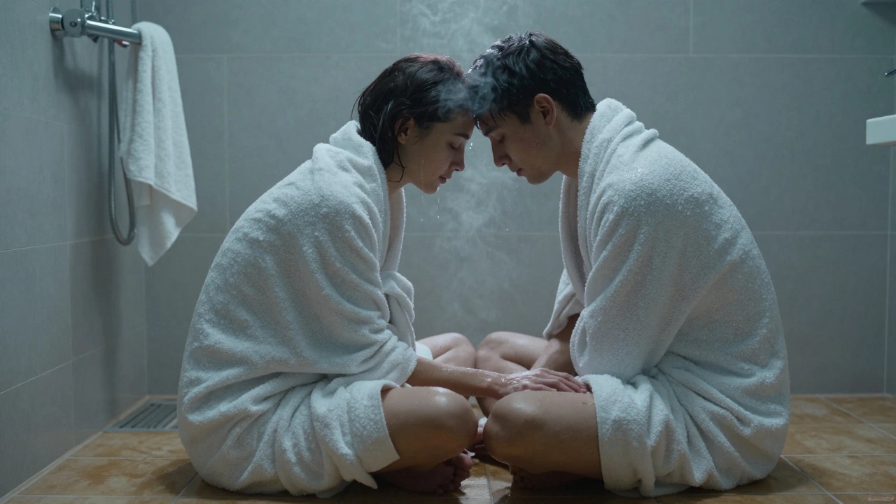 Two people wrapped in towels, sitting together foreheads touching after a private, intimate moment.