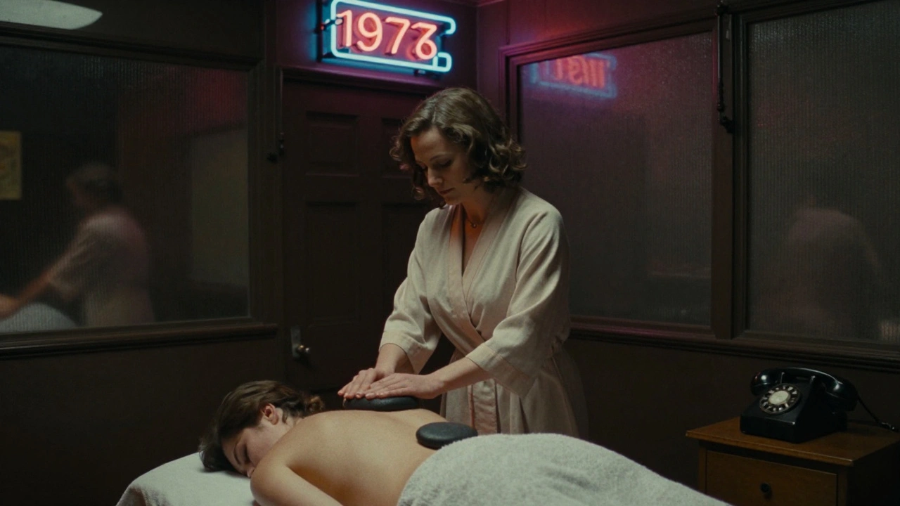 1970s London underground massage parlor with neon sign, therapist working on client in dim, moody room.