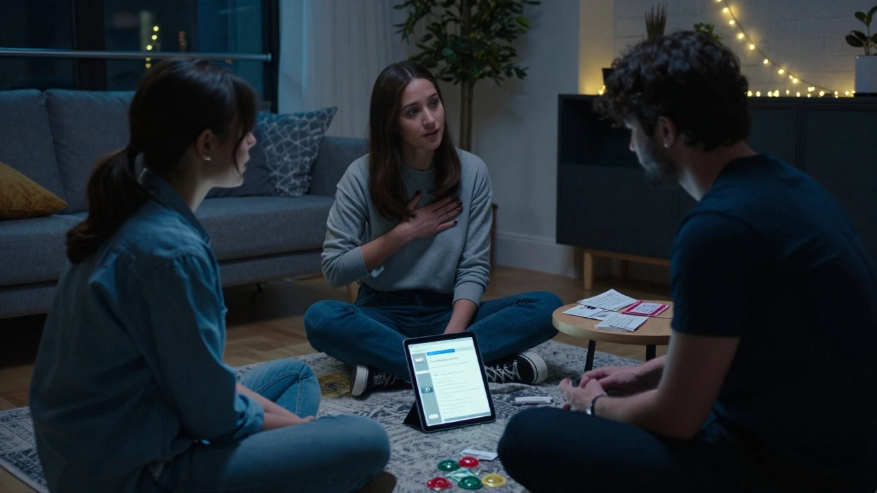 A calm modern gathering in a London apartment, with participants engaging in consent and emotional presence, no nudity.