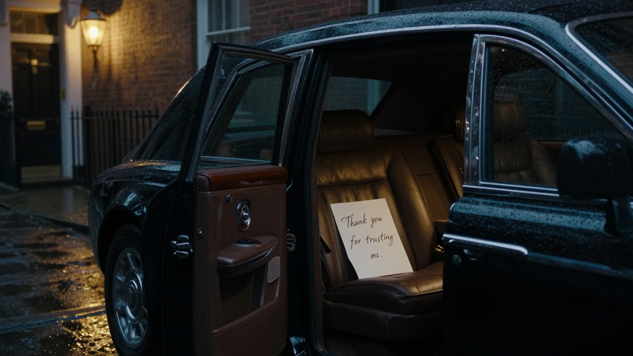 A chauffeur-driven car in a rainy alley with a handwritten note on the seat, conveying quiet gratitude.