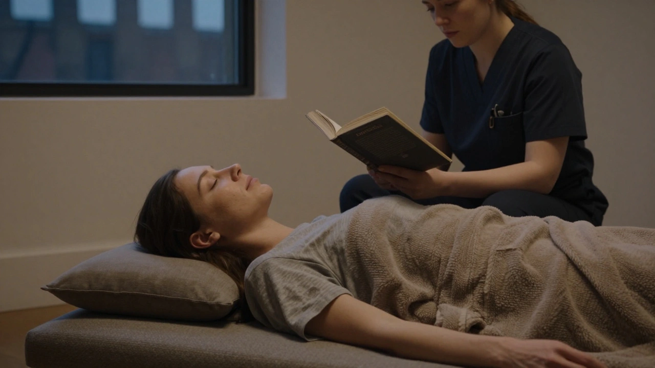 A client rests on a futon while a companion reads aloud nearby, creating a tender, healing atmosphere in a quiet studio.