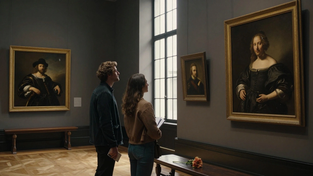 A couple stands in sunlit Long Gallery at Wallace Collection, one holding a notebook, art lining the walls around them.