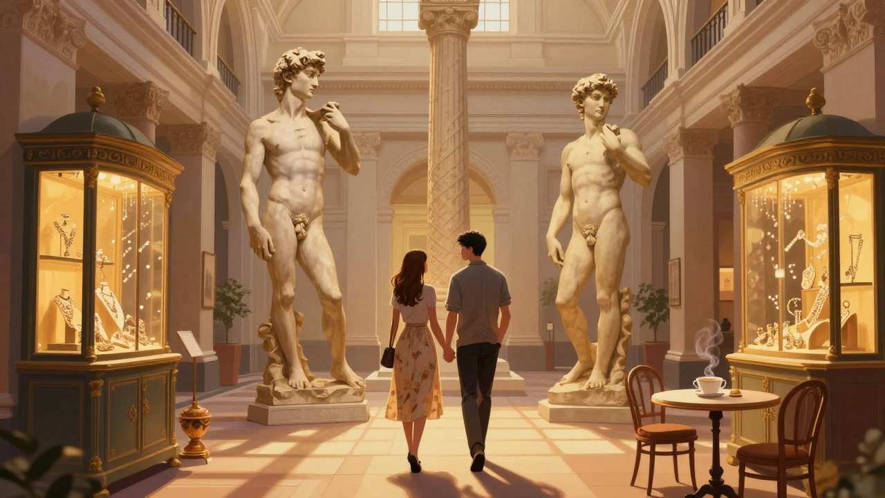 A couple walks hand-in-hand through the grand Cast Courts of the V&amp;A Museum, with towering sculpture replicas above them.