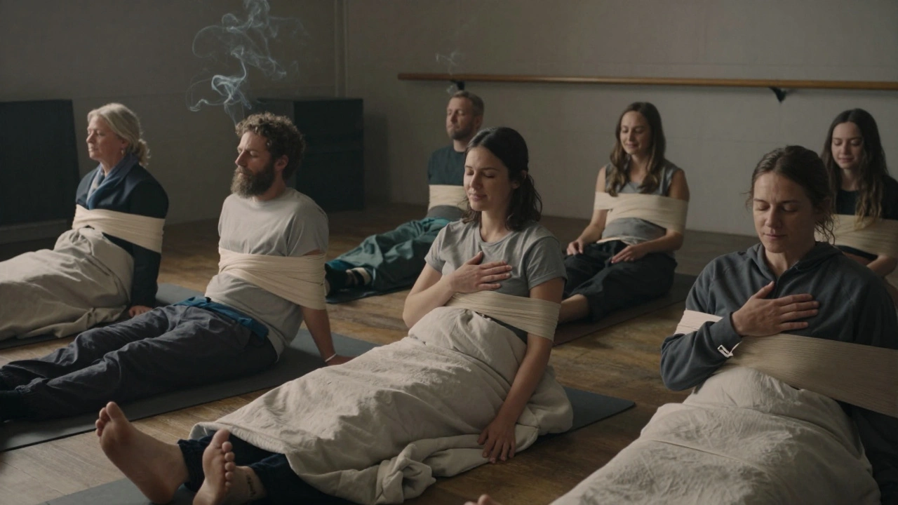 A diverse group of people quietly experiencing gentle bondage with scarves and weighted blankets in a calm studio.