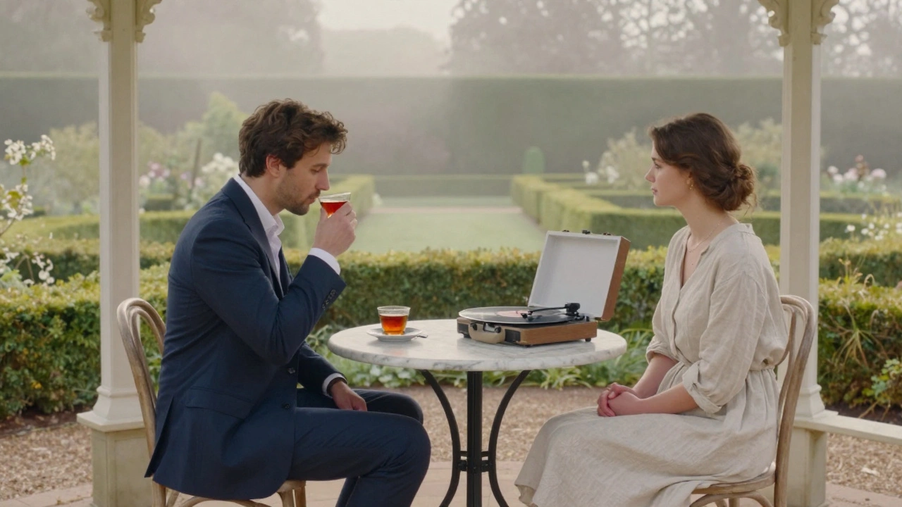 A man and woman sharing quiet tea at dawn in a garden pavilion, surrounded by mist and soft light.