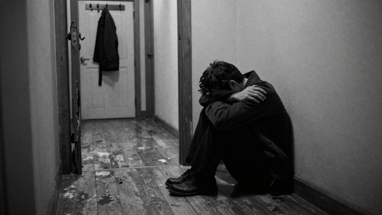 A person sits on the floor, trembling, as a hand rests gently on their back — a moment of silent comfort in a shadowed hallway.