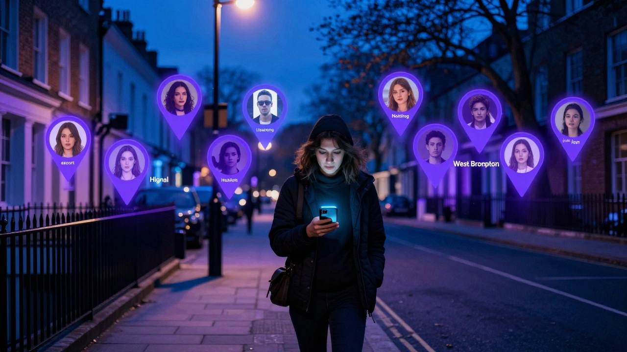 A person walking at night in Hammersmith with a burner phone, digital location pins floating subtly in the air around them.