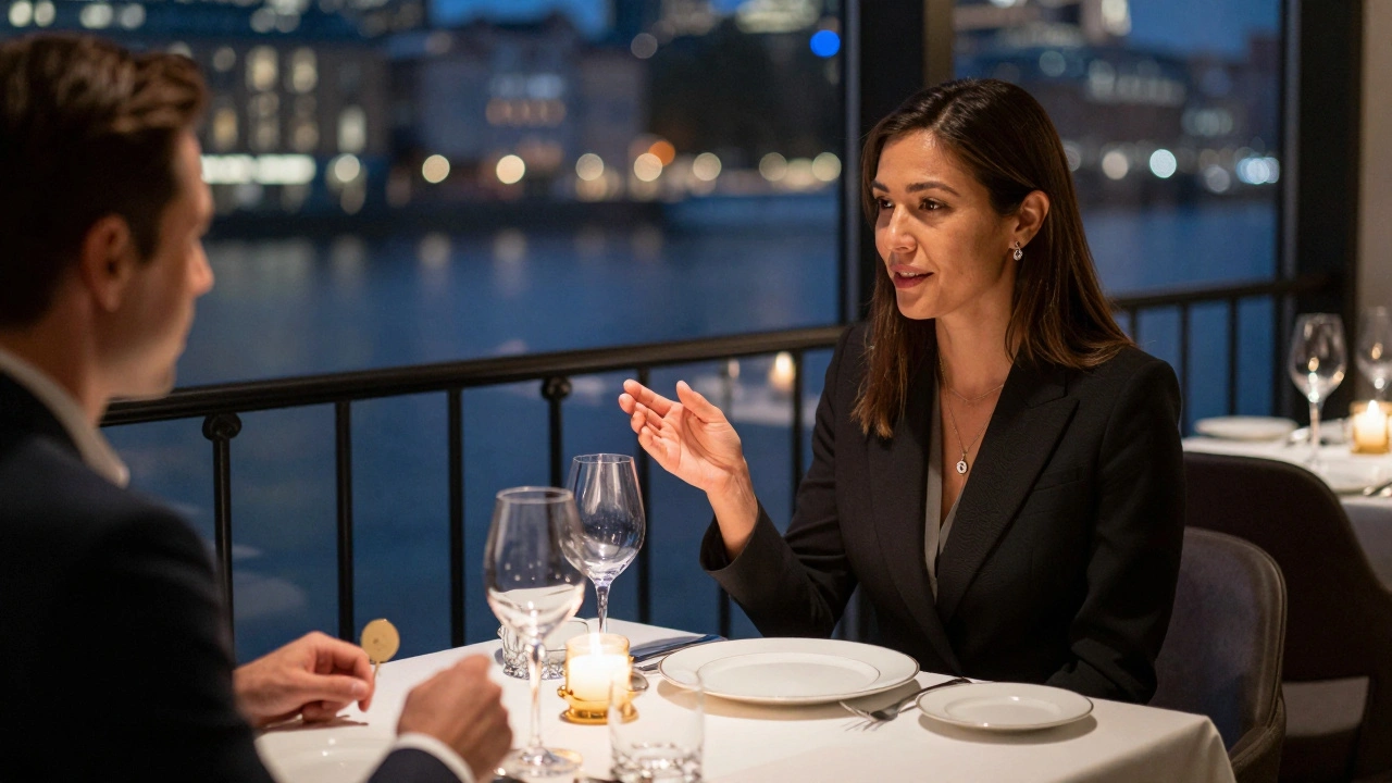 A premium escort and client sharing an intimate dinner in a London restaurant, engaged in thoughtful conversation under candlelight.