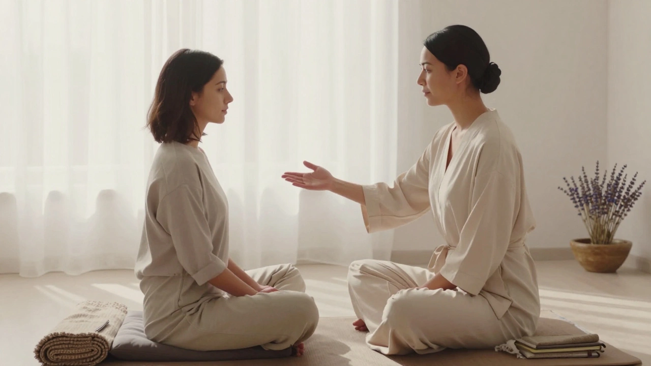 A professional guiding a client through breathwork in a serene, minimalist space, emphasizing emotional connection and trust.