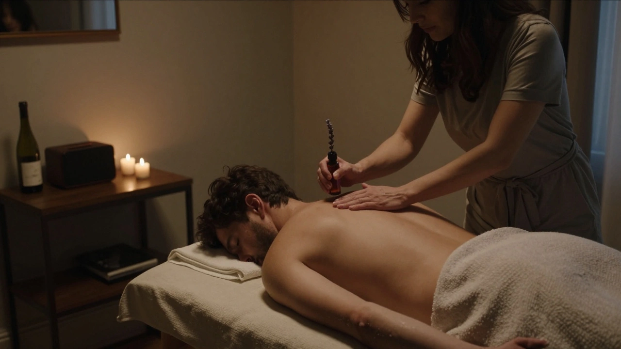 A sensual massage taking place in a softly lit hotel room with candles and wine.
