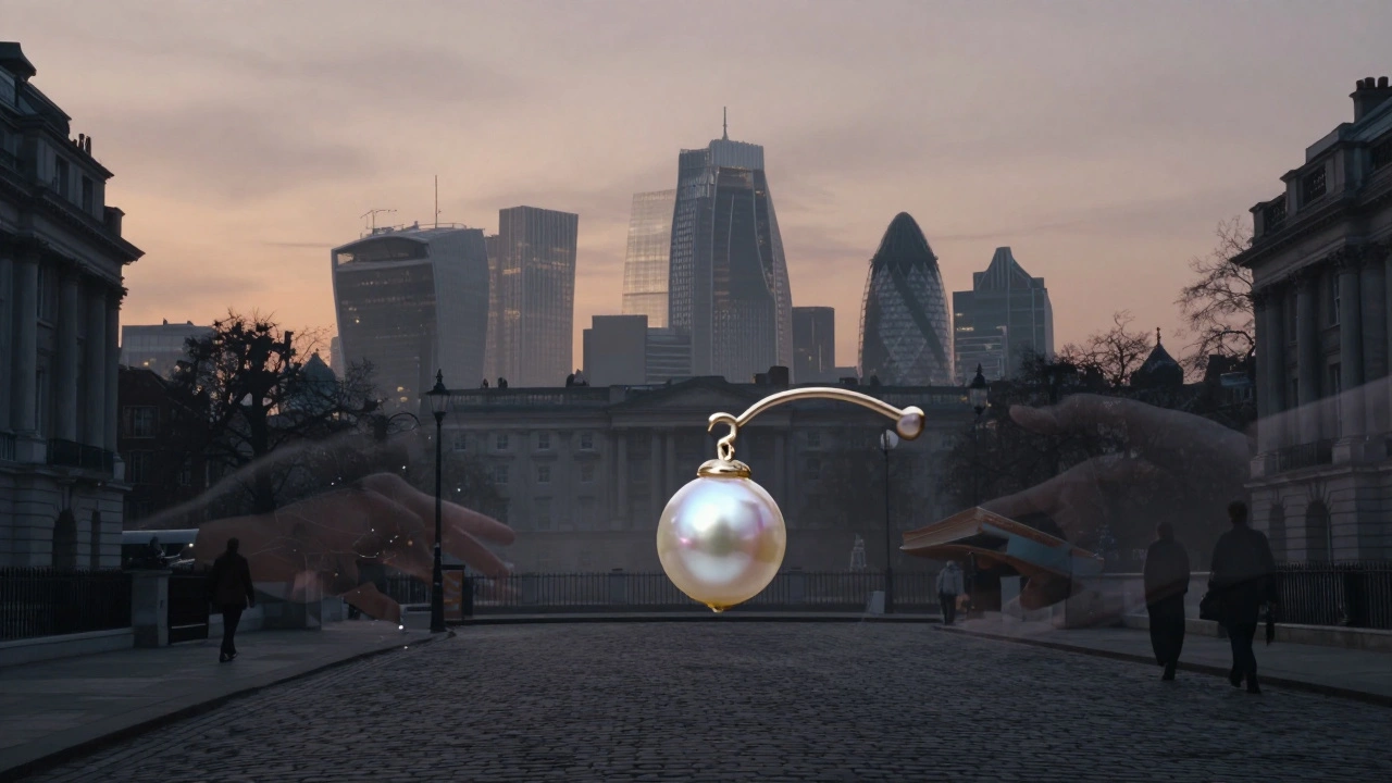 A symbolic floating pearl earring above London’s skyline, representing discretion, elegance, and the essence of premium companionship.