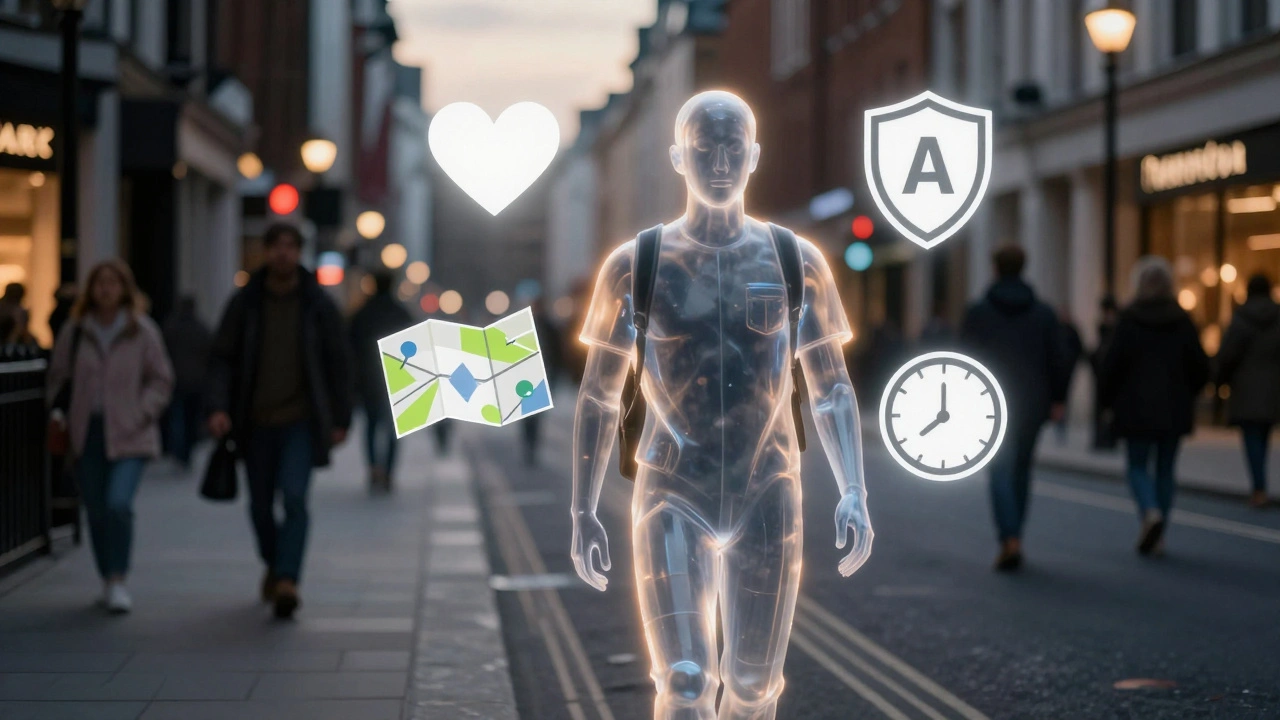 A transparent companion figure walks beside a traveler in London, surrounded by symbols of support and care.