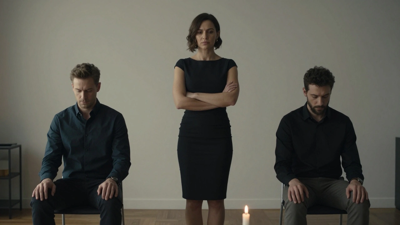 A woman and man facing each other in silence, lit by a single candle.