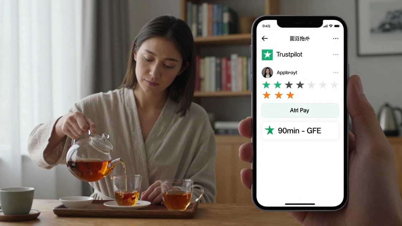 A woman serving tea in a quiet apartment while her phone shows a verified client review and payment confirmation.
