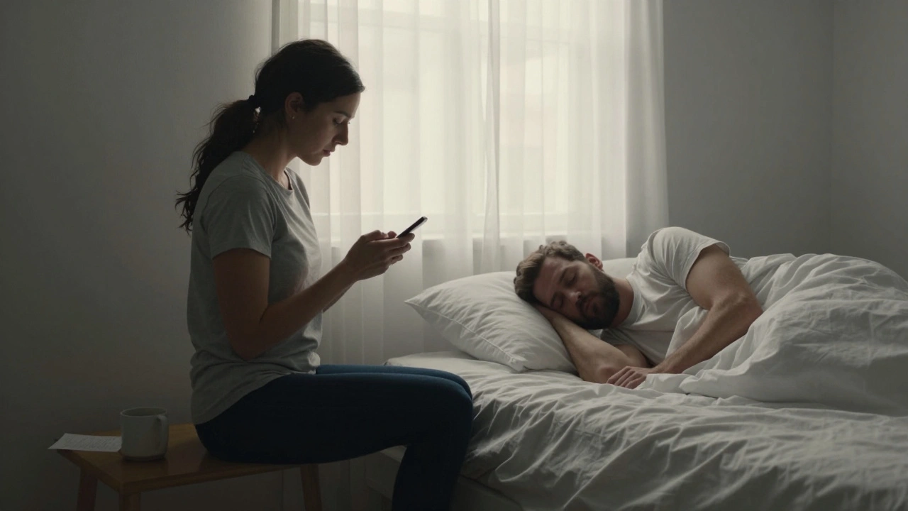 A woman texting gently beside a sleeping man at dawn, sunlight streaming through sheer curtains.