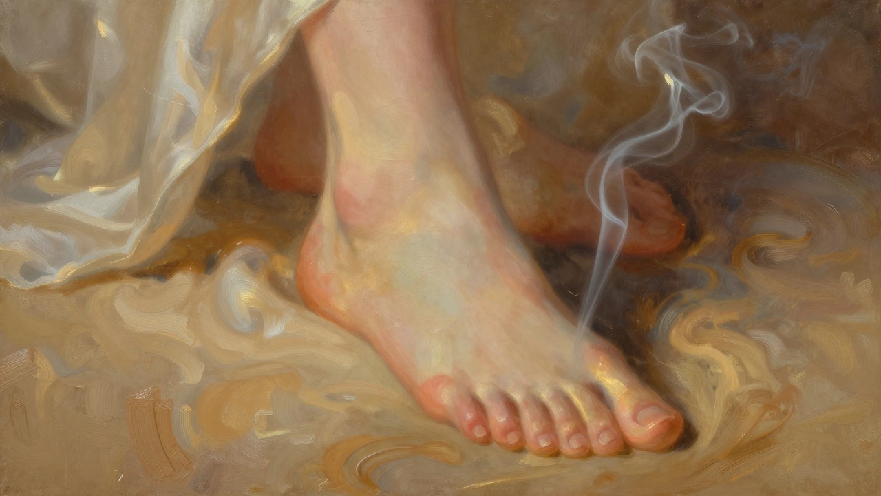 An artistic close-up of a foot illuminated in golden light, surrounded by swirling smoke and silk textures.