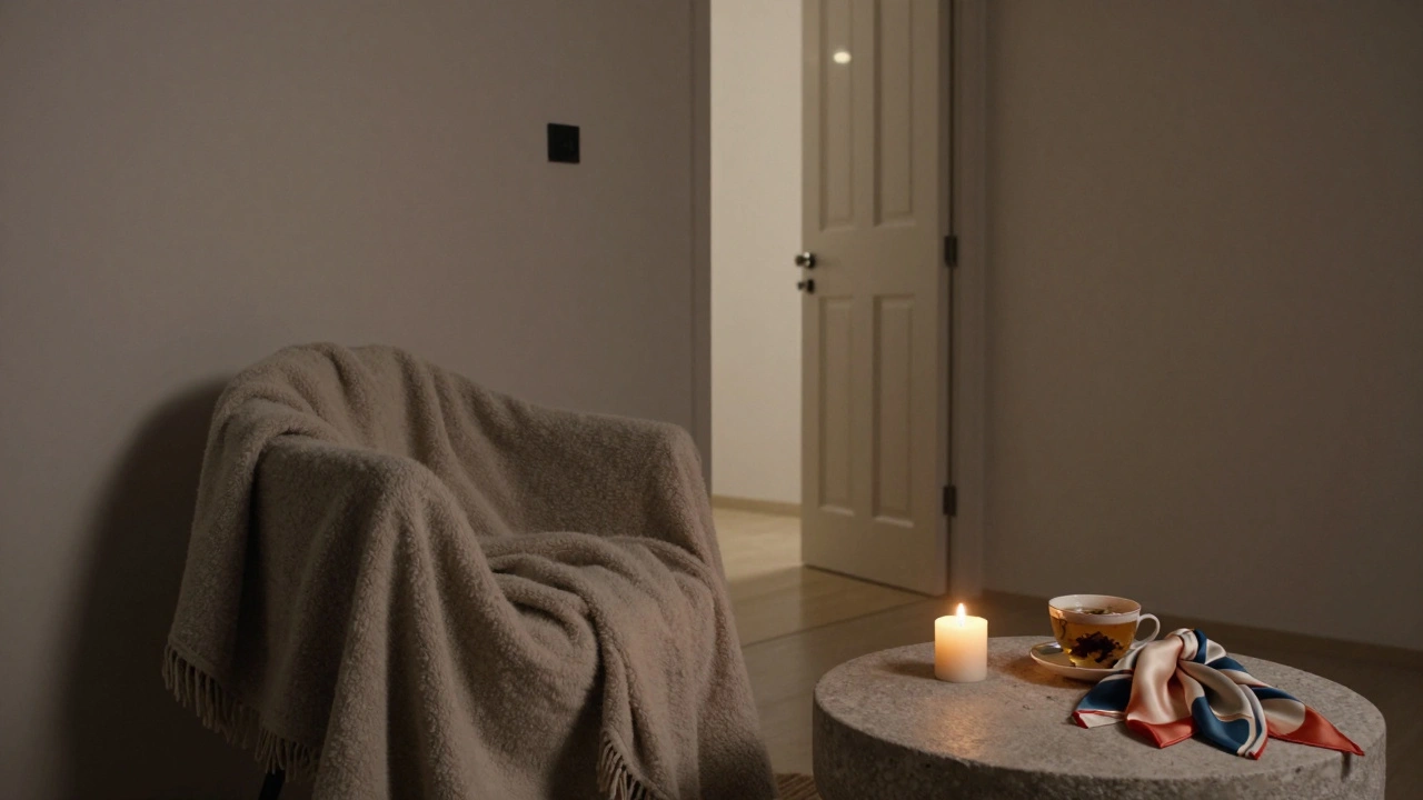An empty aftercare room with a blanket, candle, and folded scarves, radiating quiet peace.