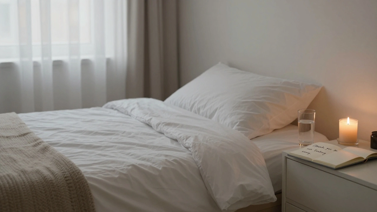 An empty bedroom after a GFE session, with a candle, water glass, and open journal conveying emotional resonance.