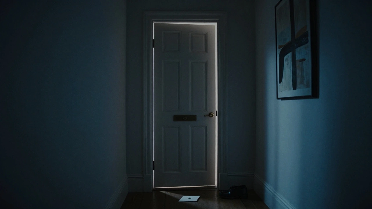 An envelope on the floor beside shoes outside a closed door at night.