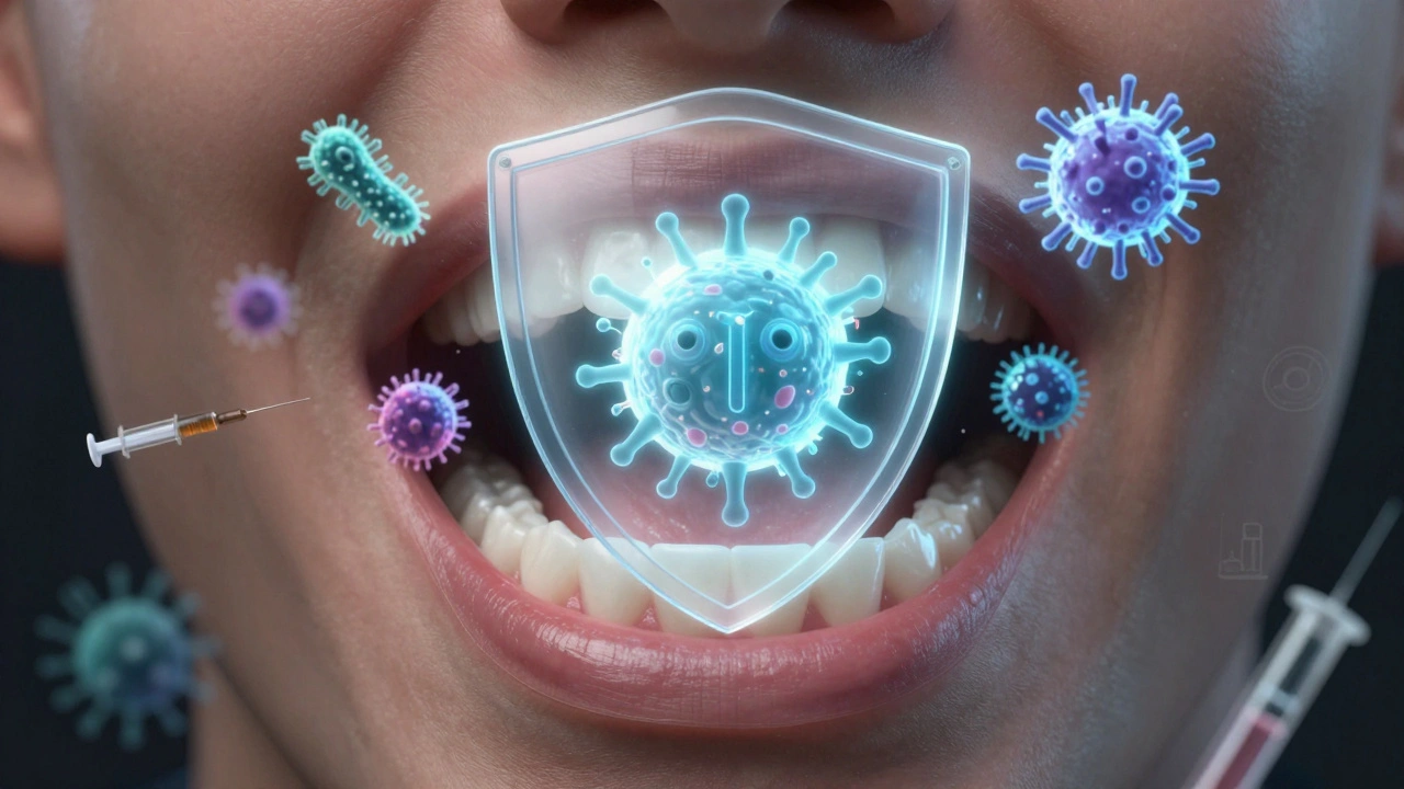 An open mouth with a transparent barrier blocking floating STI pathogens.