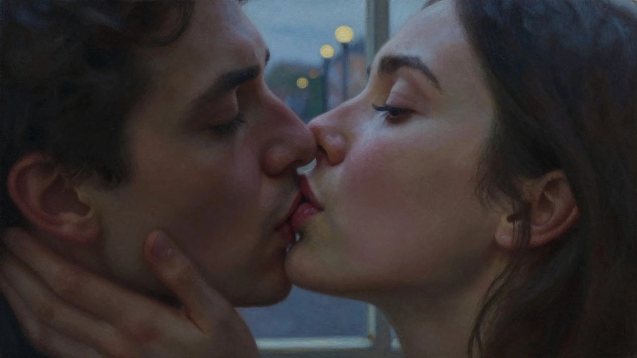 Close-up of a woman's face in a gentle kiss, eyes open, with twilight lighting from a London window behind her.