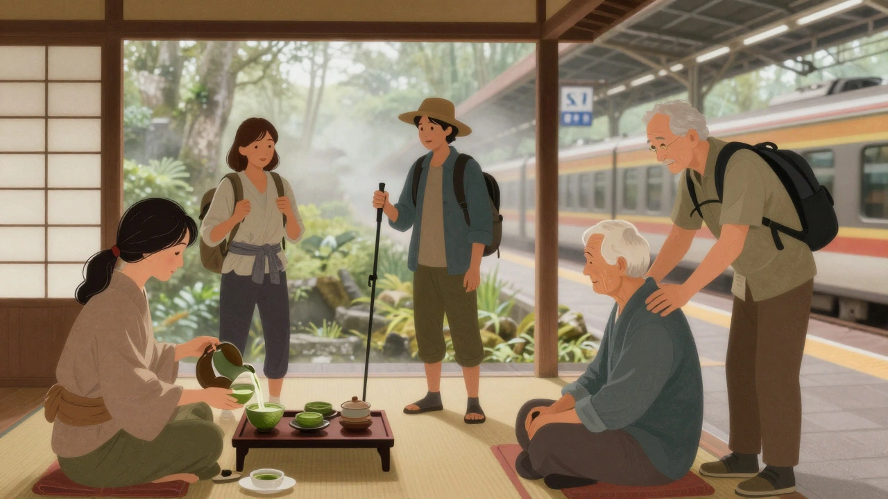 Diverse travelers with companions in Kyoto, Bali, and a train station, experiencing personalized journeys.