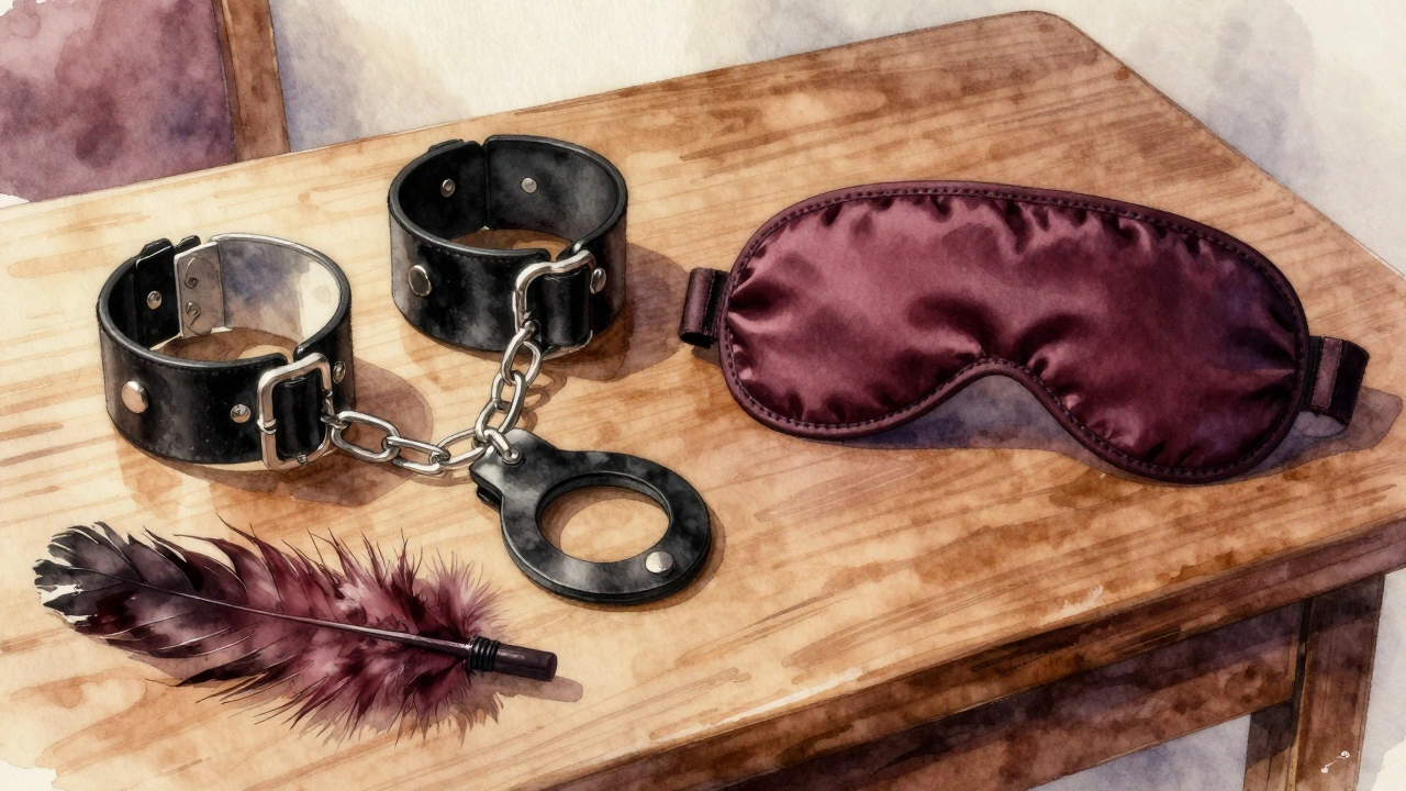 Leather cuffs and blindfold displayed on wooden table with soft lighting