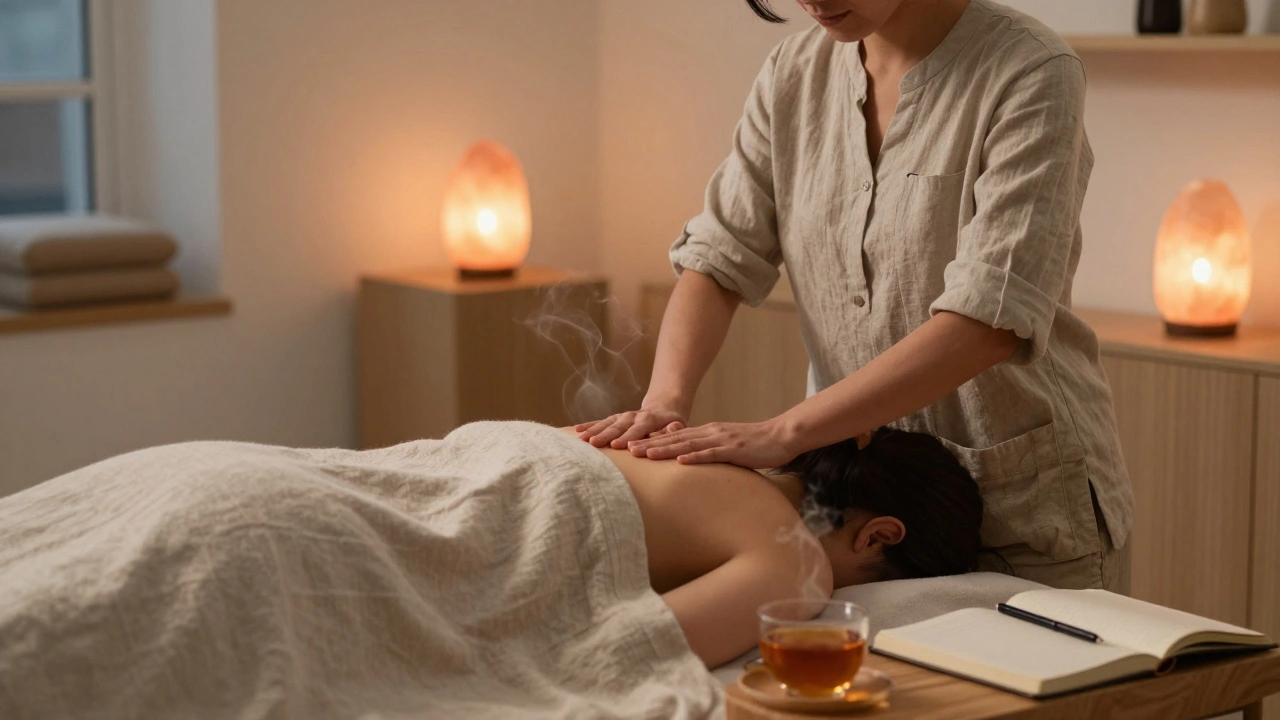 Modern London massage studio with therapist using warm oils, soft lighting, draped linen, and tea beside a journal.