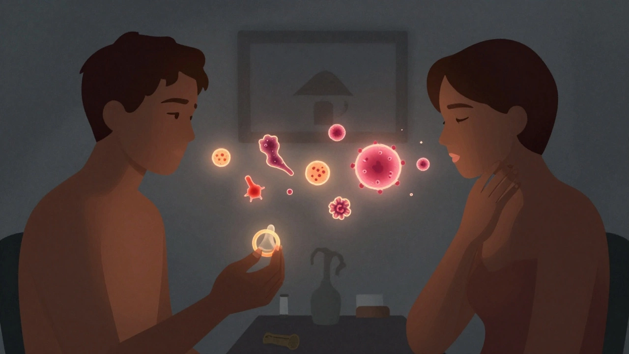 Silhouetted figures in an intimate setting, with protective barriers symbolically blocking STIs.