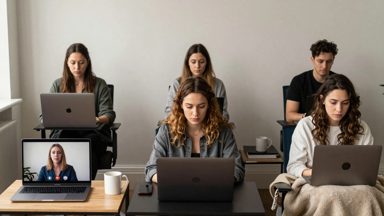Three clients in separate rooms engage in online domination sessions via laptop, showing the growing accessibility of remote power exchange services.