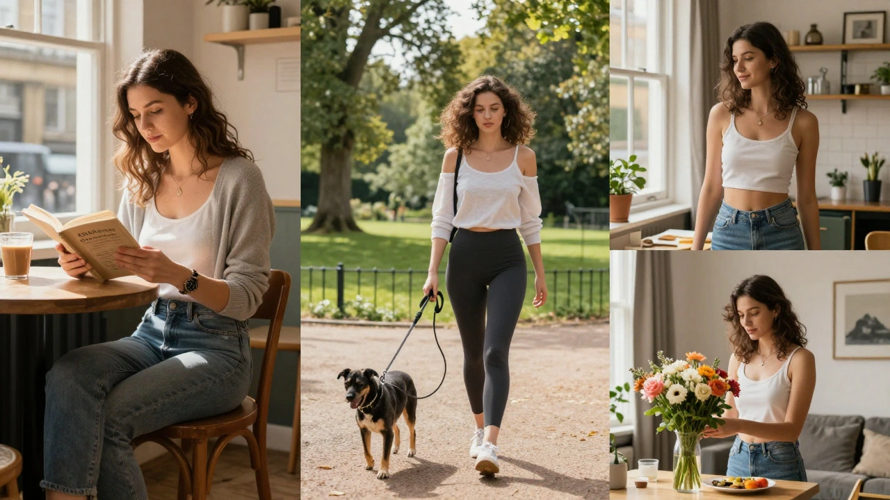 Three independent busty escorts in London going about daily life—reading, walking, and arranging flowers in authentic settings.