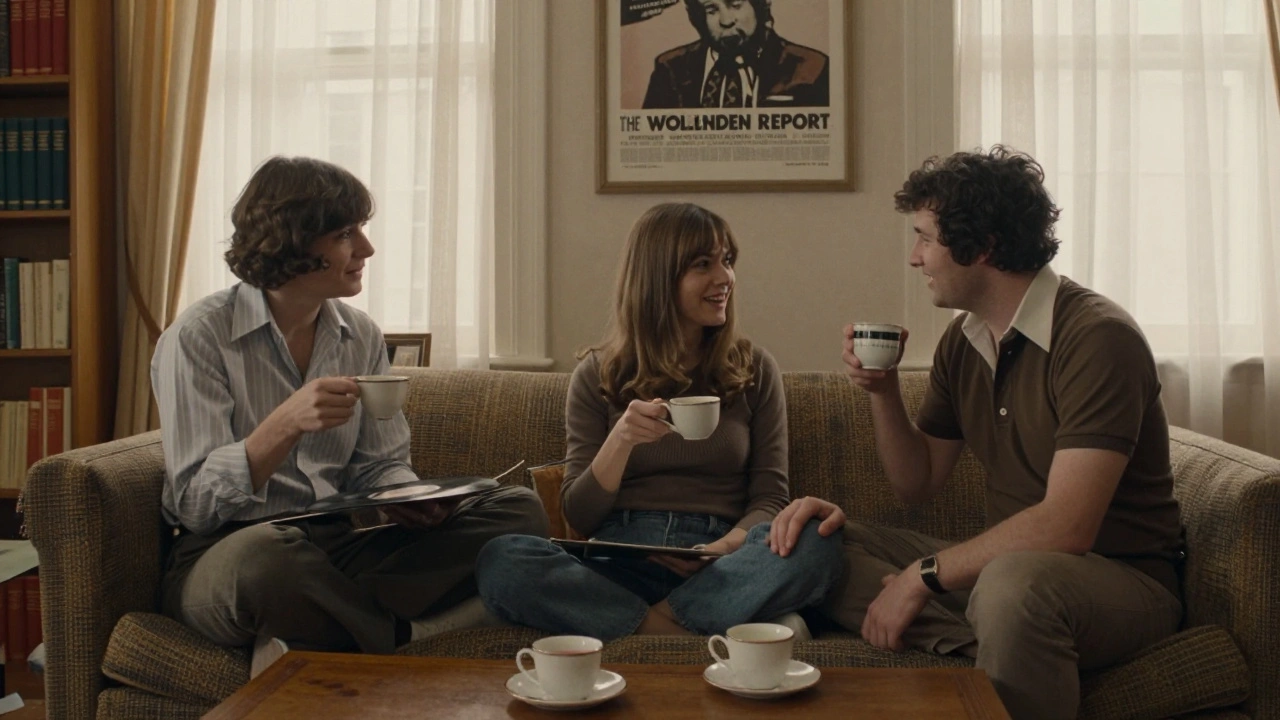 Three people in a 1970s London flat sharing tea and laughter, embodying the era's sexual openness and emotional connection.
