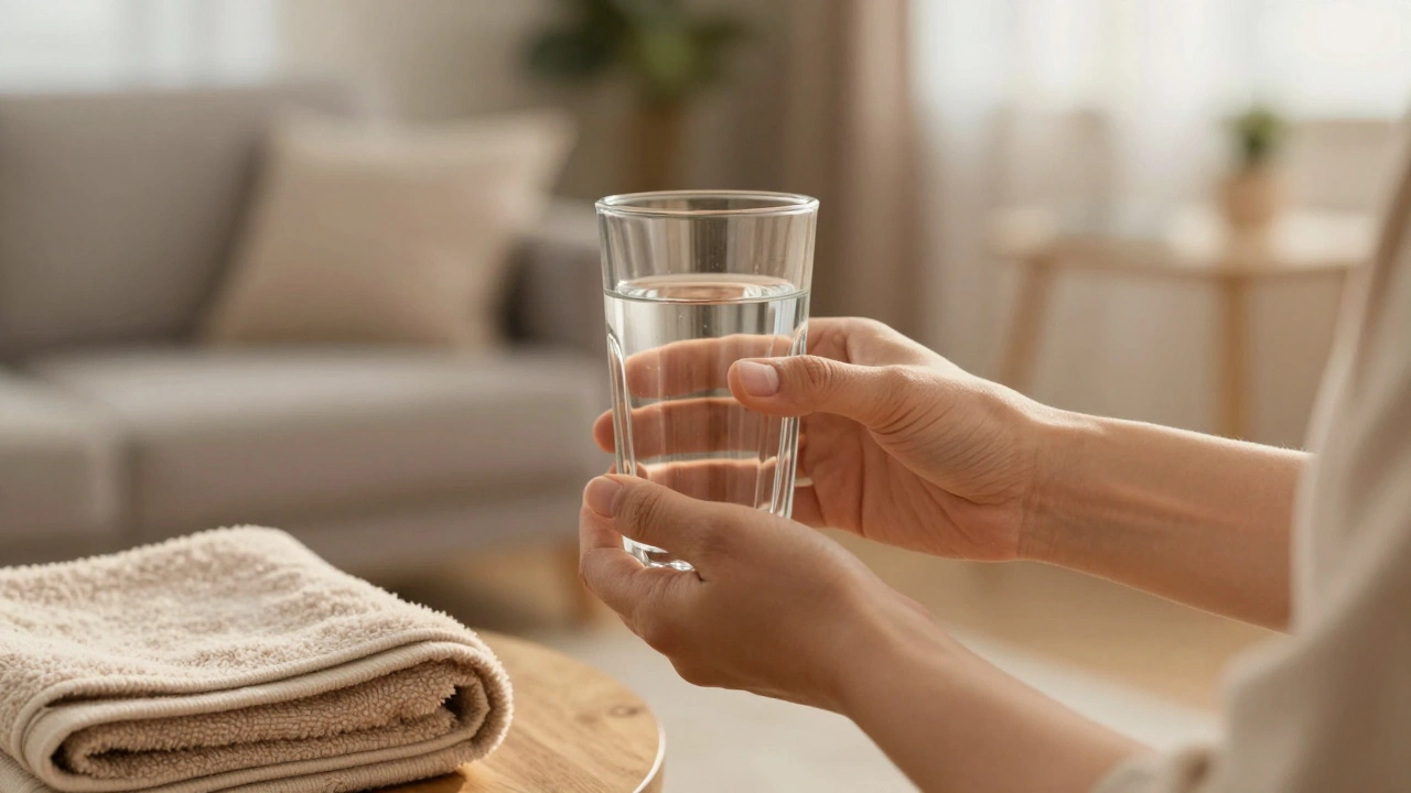 Two hands sharing a glass of water after a session, conveying quiet care and respect without showing faces or explicit context.
