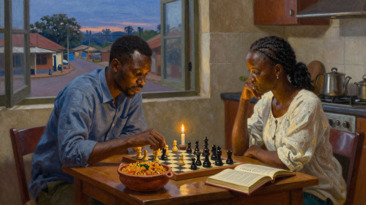 Two people play chess in a cozy kitchen, a book and jollof rice nearby, sharing a peaceful evening in Owo, Nigeria.