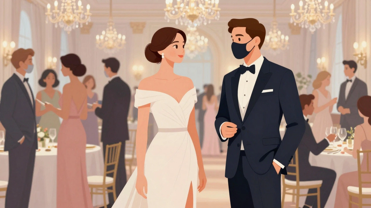 Woman and companion at a charity gala, networking in a grand ballroom.