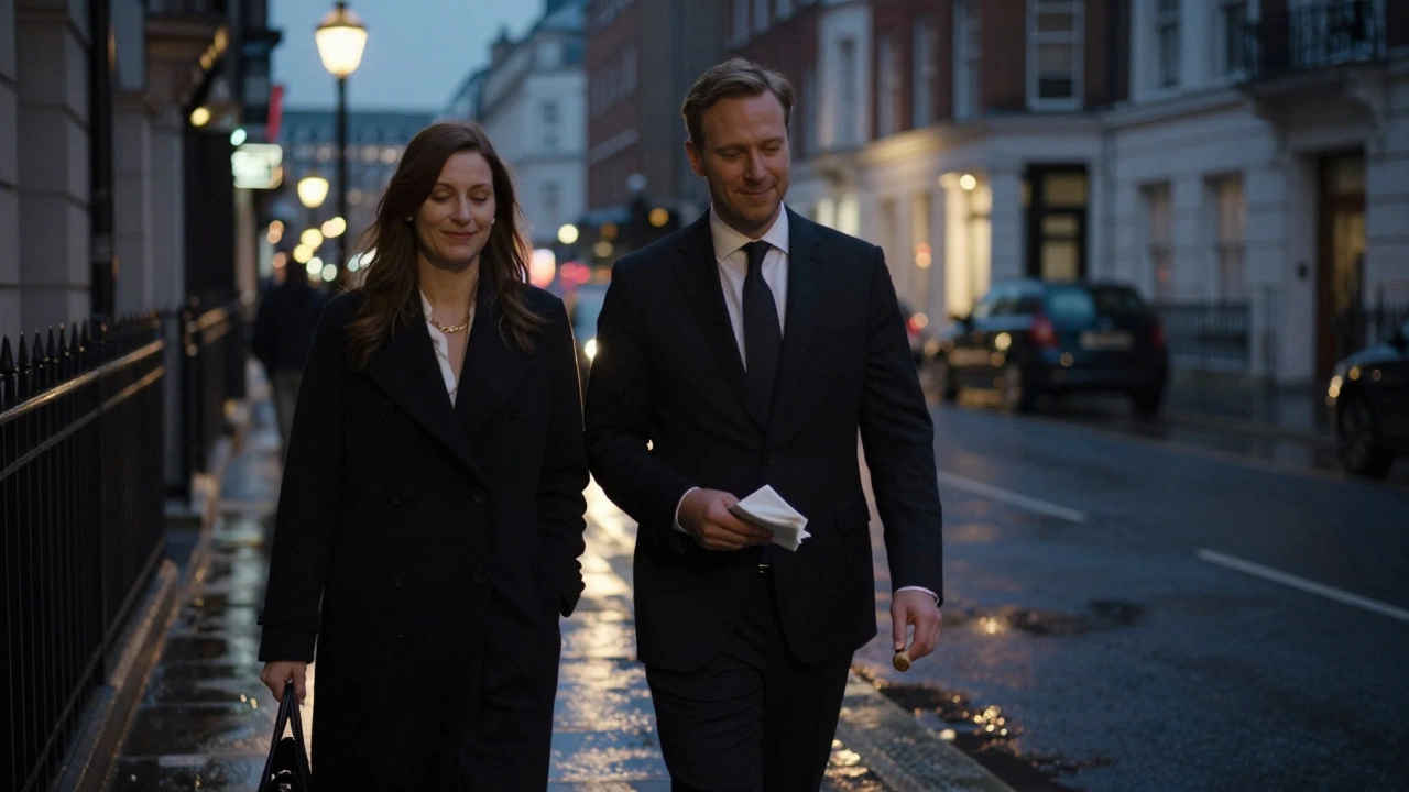 A client and escort walking through a quiet London street after dinner, ending the evening with dignity and no strings attached.
