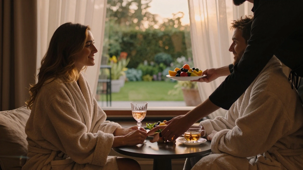 A couple relaxes in plush robes, sipping rosé in a quiet lounge as sunlight filters through drapes, their fingers gently linked.
