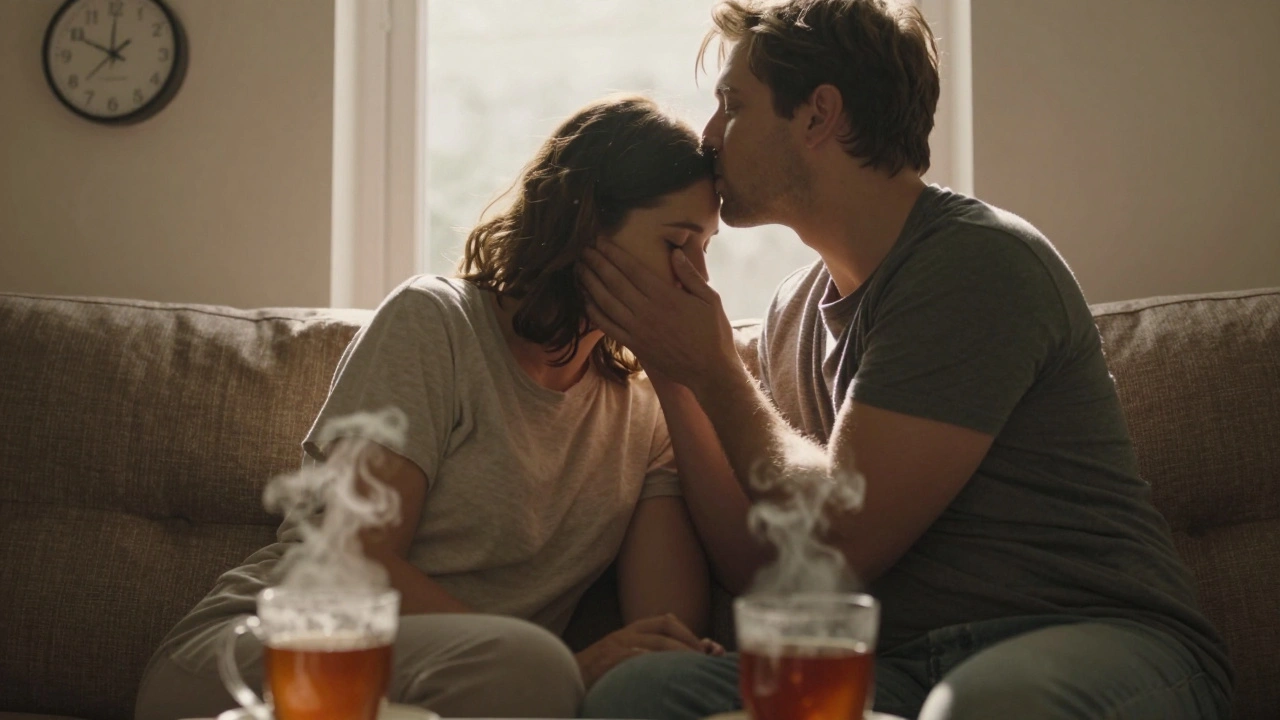 A couple sitting together at dawn, sharing a gentle forehead kiss, sunlight streaming through a window, quiet morning routine.
