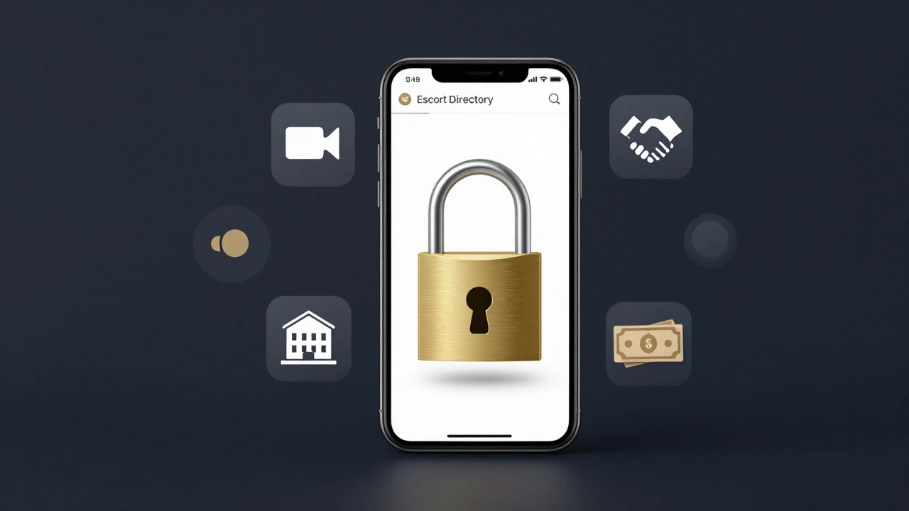 A digital padlock surrounded by safety symbols over a verified escort website interface.