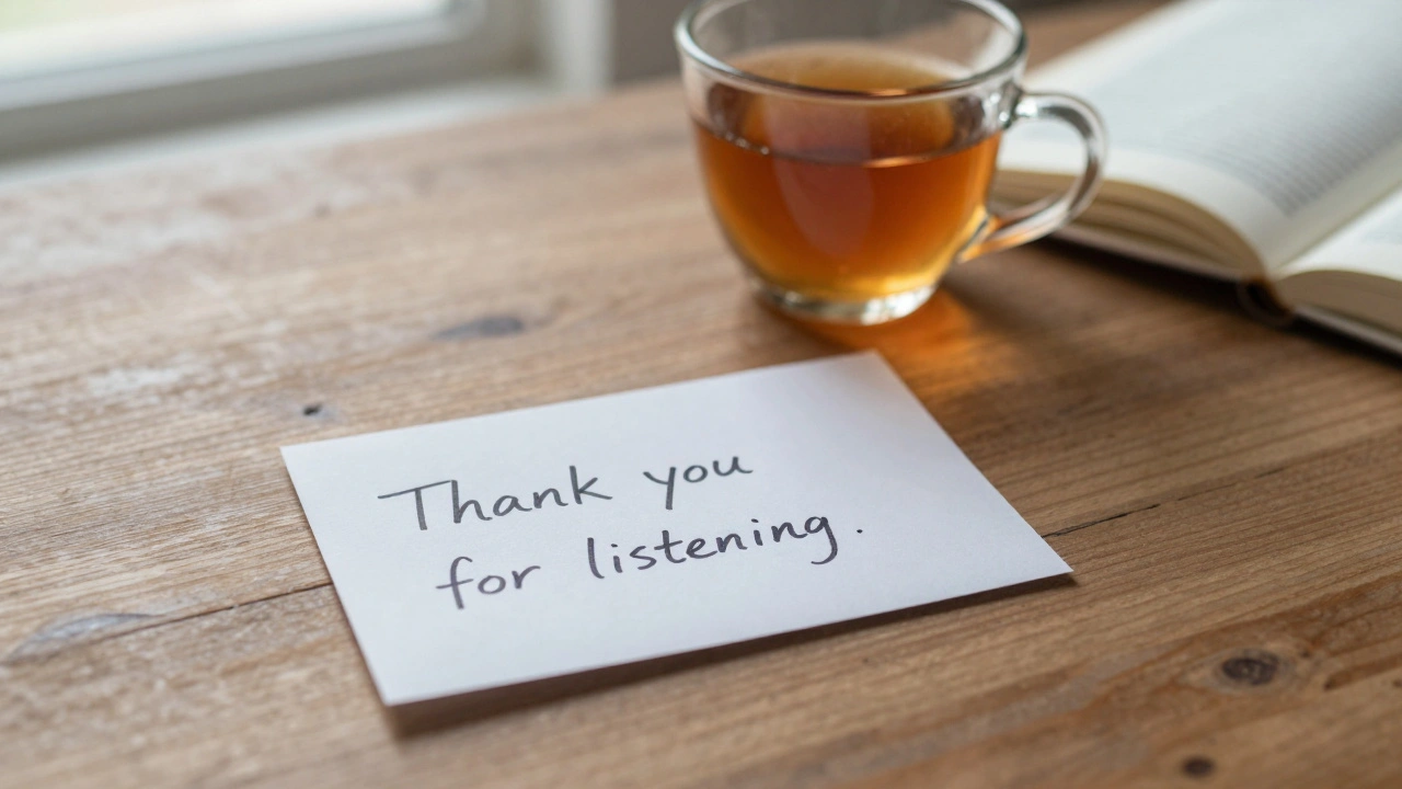 A handwritten note and half-drunk tea on a wooden table, symbolizing a respectful, meaningful encounter.
