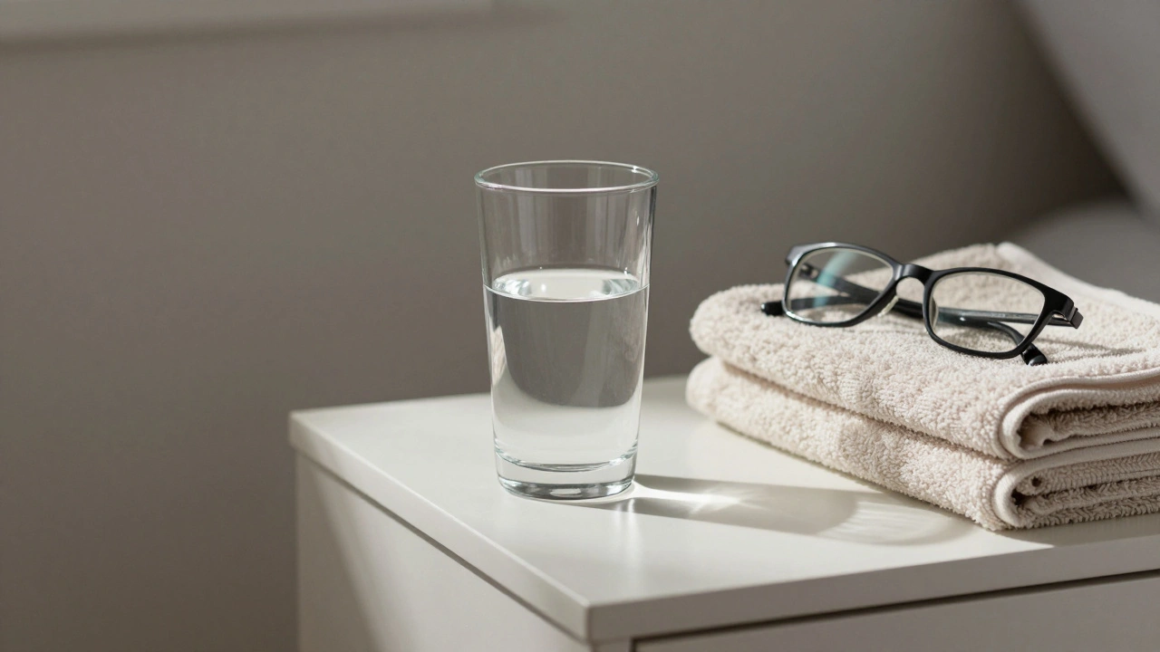 A nightstand with a glass of water, towel, and glasses, suggesting quiet aftercare and mutual care.