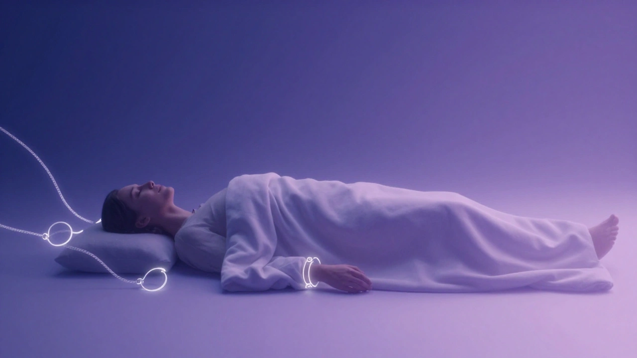 A person lying peacefully under a blanket, surrounded by fading light patterns symbolizing surrender and safety.