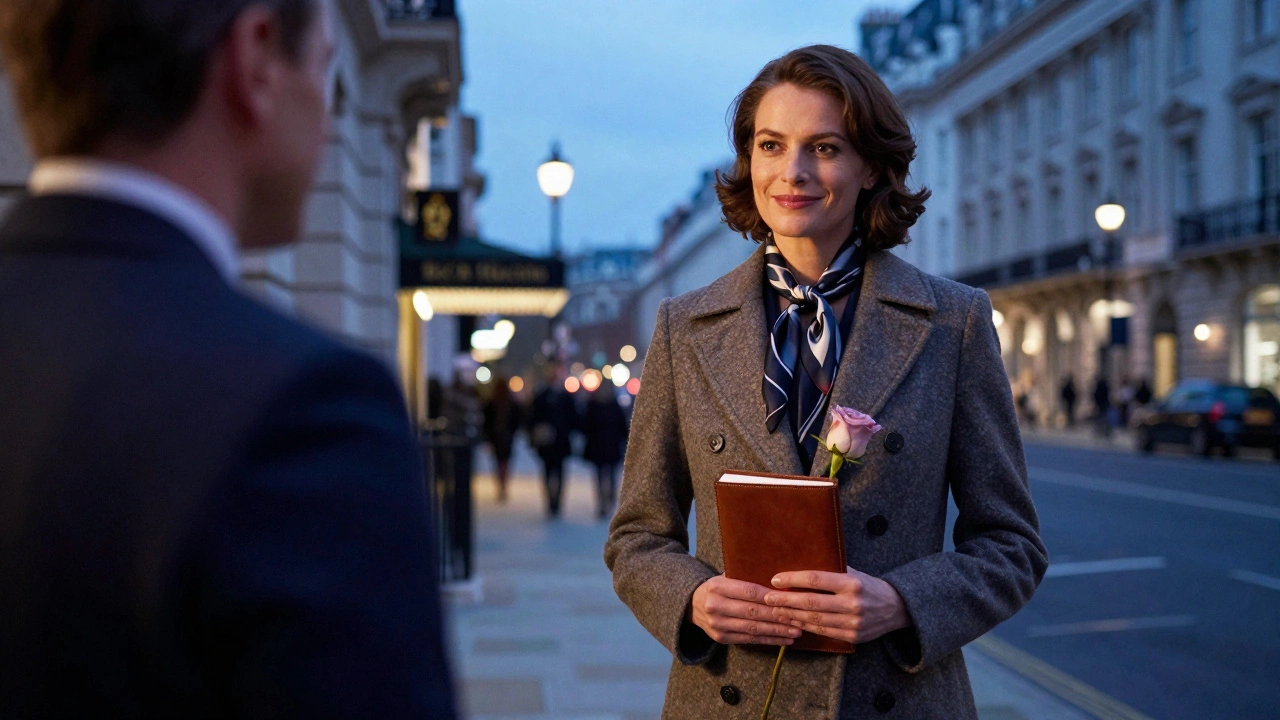 A poised professional companion outside The Savoy Hotel at dusk, holding a notebook and a rose.