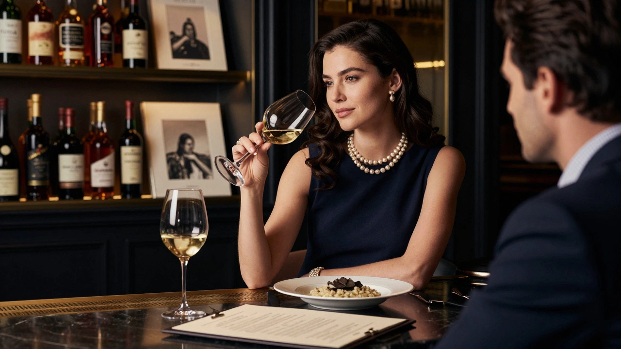 A poised woman in a navy dress listening attentively at a luxury bar, with wine and fine dining elements around her.
