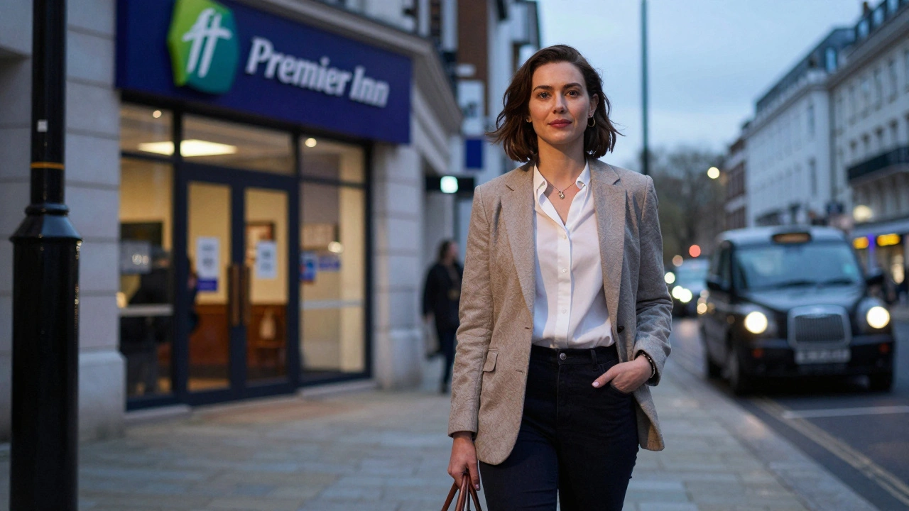 A professionally dressed woman standing outside a London hotel at dusk, exuding discretion.
