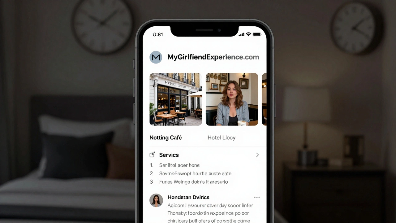 A smartphone screen shows a verified escort profile with real photos and detailed reviews in a London setting.