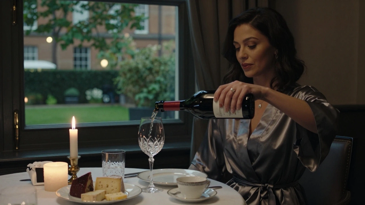 A sophisticated woman in a silk robe pouring wine in a luxurious London hotel suite with candlelight and fine dining details.
