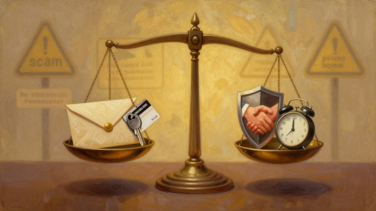 A symbolic balance scale represents safe booking choices, with cash and keycard on one side, trust and safety on the other.