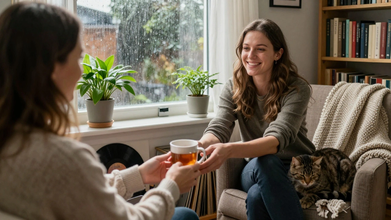 A warm moment in a book-filled London home as a woman offers tea to a guest, rain falling softly outside the window.