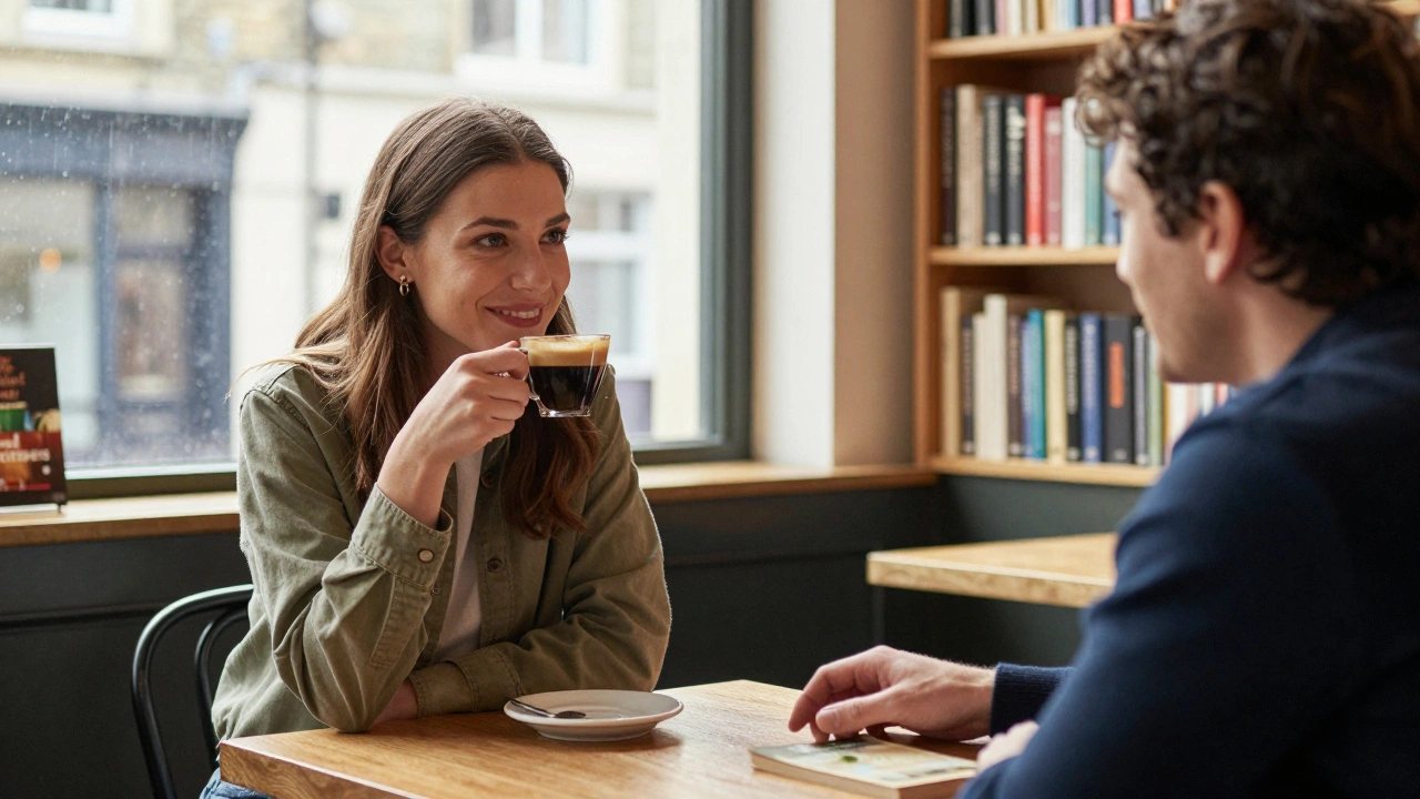 A woman listening attentively to a man in a sunlit London café, books and coffee visible, no physical contact.